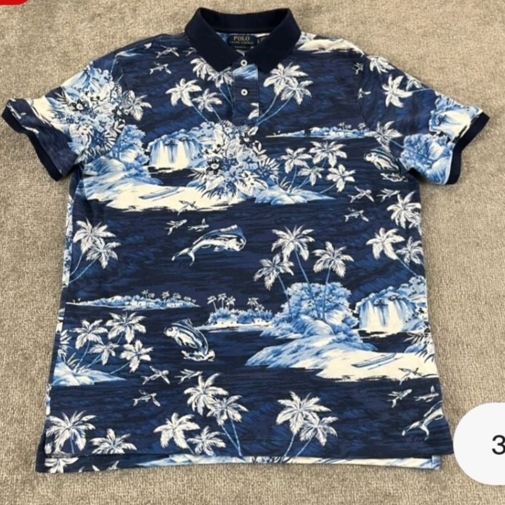 Polo by Ralph Lauren Large Classic Fit Blue Hawaiian Print Men's Polo Shirt